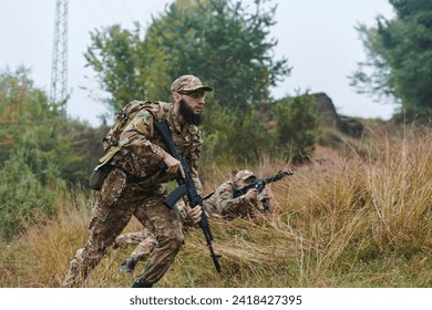 Elite soldiers stealthily maneuver through the dense forest, camouflaged in specialized gear, as they embark on a covert and strategic military mission - Powered by Shutterstock