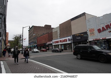 Elizabeth, New Jersey, USA - May 8, 2022: Streetscape view of Broad Street in downtown Elizabeth