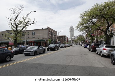 Elizabeth, New Jersey, USA - May 8, 2022: Streetscape of Elizabeth Avenue in downtown Elizabeth