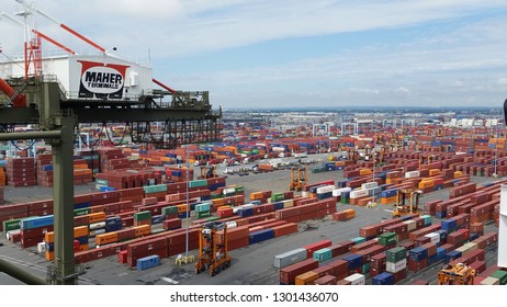 Elizabeth, NJ, USA, June 27, 2017: Ocean Container Cranes And Terminal