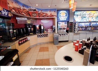 Elk Grove, CA - May 15 2014: Interior Of A AMPM Convenience Store With The Coffee And Fountain Drink Dispensers Shown.