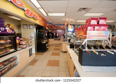 Elk Grove, CA - May 15, 2014: Interior Snack Counters Of An AMPM Gas Station Convenience Store. Popular Destination For Snack Hungry Travelers.