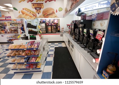 Elk Grove, CA - November 15, 2013: Interior Of The AMPM Arco Gas Station Convenience Store. Coffee Bar And Snacks Shown. 