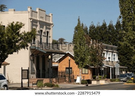 Elk Grove, California, USA - July 16, 2021: Afternoon sunlight shines on historic downtown Elk Grove.