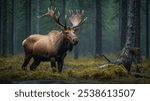 Elk or Moose, Alces alces in the dark forest during rainy day. Beautiful animal in the nature habitat. Wildlife scene from Sweden.