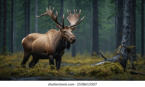 Elk or Moose, Alces alces in the dark forest during rainy day. Beautiful animal in the nature habitat. Wildlife scene from Sweden.