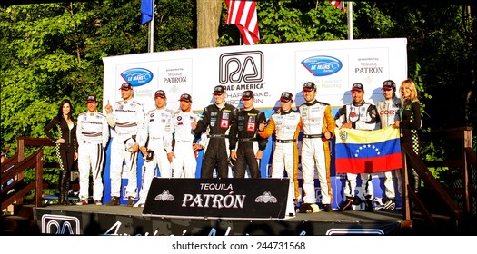 Elkhart Lake Wisconsin, USA - August 18, 2012: Road America Road Race Showcase, ALMS, multi-class sports car and GT motor race. American Le Mans Series Four-hour, timed period. Class winners podium. 