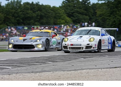 Elkhart Lake Wisconsin, USA - August 18, 2012: Road America Road Race Showcase, ALMS, multi-class sports car and GT motor race. American Le Mans Series IMSA. Marc Goossens, Tommy Kendall, SRT Viper 