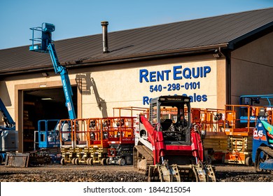 Elkton, USA - October 27, 2020: RentEquip local rental agency renting heavy equipment machinery for construction sites such as boom lifts and forklift in Rockingham county, Virginia