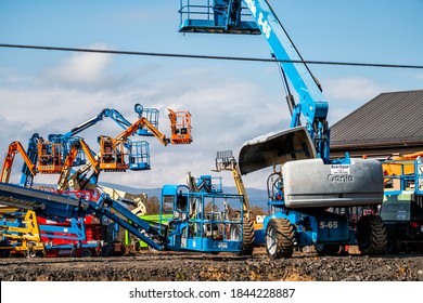 Elkton, USA - October 27, 2020: RentEquip local rental agency renting heavy equipment machinery for construction sites such as boom lifts, forklift and manlift in Rockingham county, Virginia