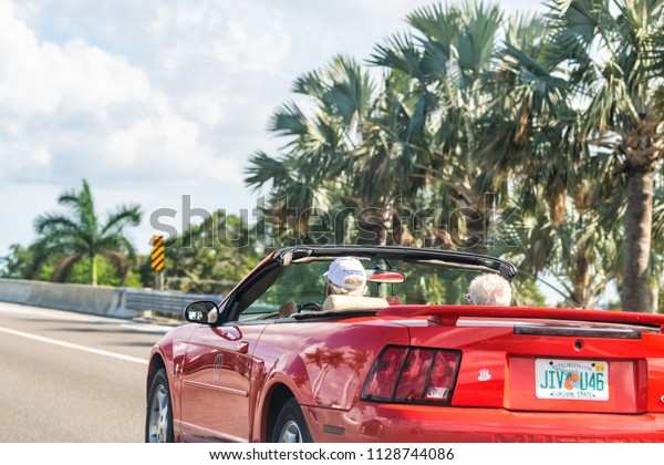 Ellenton, USA - April\
27, 2018: Senior couple driving on sports car on road, highway with\
palm trees in Florida