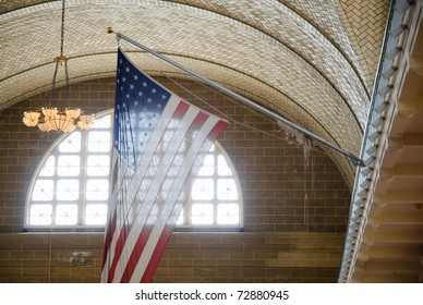 Ellis Island National Monument interior and American Flag