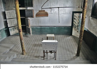 Ellis Island, New Jersey/USA- May 3, 2016: A horizontal image of the morgue at the iconic and historic Ellis Island former hospital building.                                          