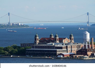 Ellis Island And Verrazzano-Narrows Bridge. New York.