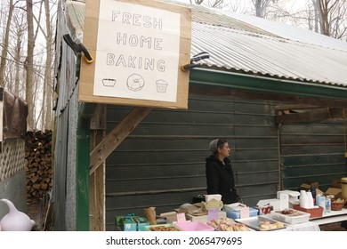 ELMIRA, CANADA - Apr 01, 2019: A Small Outdoor Food Market At The Elmira Maple Syrup Festival In Canada