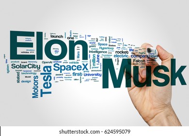 Elon Musk word cloud concept on grey background.