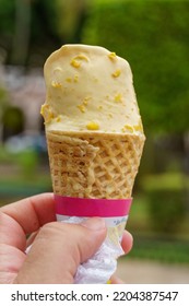 Elote (corn) Ice Cream In A Waffle Cone In Merida, Mexico. Individual Pieces Of Corn Are Clearly Visible.