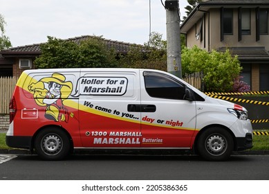 Elsternwick, Victoria, Australia - September 22 2022: Side View Of A Marshall Batteries Van, A Hyundai ILoad, Parked In A Suburban Street During An Overcast Day