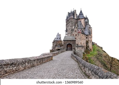 Eltz Castle (German: Burg Eltz) is a medieval castle nestled in the hills above the Moselle River between Koblenz and Trier, Germany.  Isolated on white background.