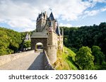 Eltz Castle, a medieval castle located in Germany, Rheinland Pfalz, Mosel region. Beautiful old castle, famous tourist attraction on sunny summer day, empty, without people, nobody.