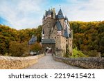 Eltz Castle, a medieval castle located in Germany, Rheinland Pfalz, Mosel region. Beautiful old castle, famous tourist attraction on sunny autumn day, empty, without people, nobody