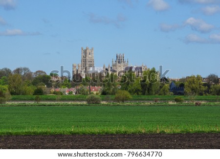 Ely Cathedral viewed across the fen from Quanea Drove between Ely and Stuntney, Cambridgeshire, England, UK