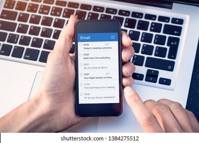 Email App On Smartphone Screen With Business Person Reading Messages From Inbox With Wireless Internet Access On Mobile Phone, Communication Technology