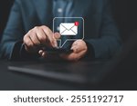 Email campaign alert concept. New email send notification for business e-mail communication. Digital marketing, internet technology. Inbox receives electronic message invite. Man touch on newsletter.