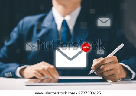 Email communication and notification concept with digital messaging system, inbox management, online correspondence, business alerts and professional information exchange.