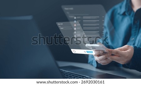 email, compose, template, subject, send, reply, cc, A person composing an email on a smartphone with digital holographic interface, representing communication, productivity, and smart workflow.