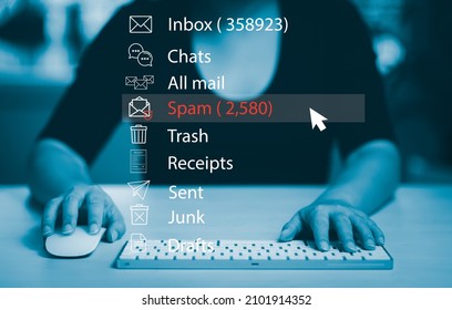 Email Concept With Laptop Spam And Virus Computer Monitor Internet Security Concept, Businesswoman Touch Bin Mail With A Laptop. Spam, Junk And E-marketing On Screen, Spam Email Pop-up Warning.