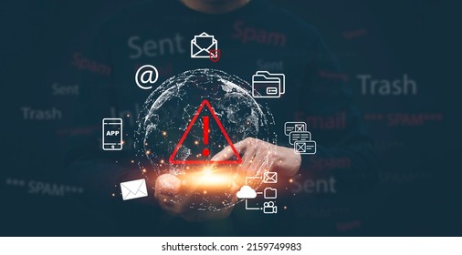 Email concept with laptop spam and virus computer monitor internet security concept, Businessman touch bin mail with a laptop. Spam, junk and e-marketing on screen, Spam Email Pop-up Warning. - Shutterstock ID 2159749983