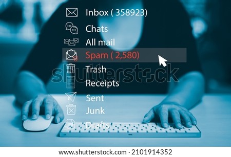 Email concept with laptop spam and virus computer monitor internet security concept, Businesswoman touch bin mail with a laptop. Spam, junk and e-marketing on screen, Spam Email Pop-up Warning.