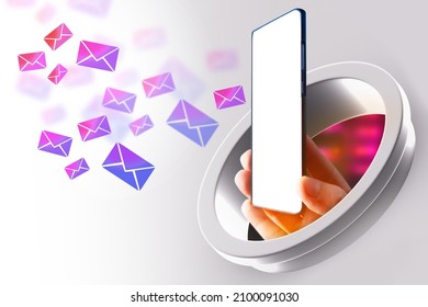 Email Correspondence On Phone. Mobile Mail. Mock Up For Messenger App. Man's Hand With Blank Phone Mock Up. White Screen For Your Promotional Offer. Message Envelopes On Gray Background