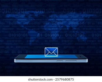 email icon on modern smart mobile phone screen over world map and computer binary code blue background, Technology communication online concept, Elements of this image furnished by NASA