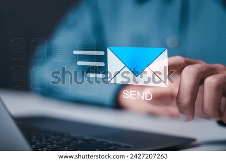 Email marketing concept. Direct selling projects in business List of customers who want to send by email. Businessman use laptop sending email or digital newsletter to customer.