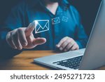 Email marketing concept, Human touch on email and surfing the internet with email icon, email icon, e-mail communication, e-mail marketing concept, send e-mail or news letter, online working internet.