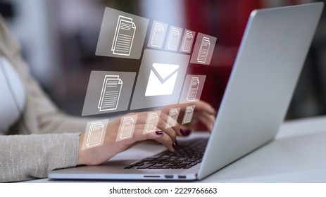  Email marketing, data center and internet advertising. Sending documents digitally using email. - Shutterstock ID 2229766663