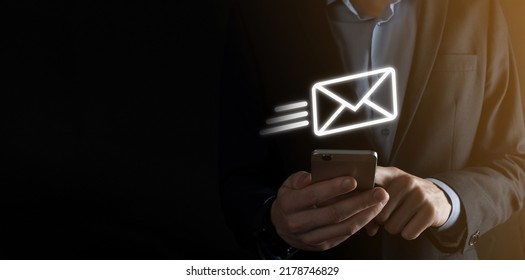 Email Marketing And Newsletter Concept.Contact Us By Newsletter Email And Protect Your Personal Information From Spam Mail Concept.Scheme Of Direct Sales In Business. List Of Clients For Mailing