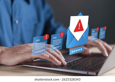 E-mail phishing concept, cyber internet web hack attacks, warning errors, sniffing attacks. Person using laptop with spam malware email alert icon on virtual screen.
