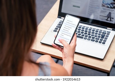 Email, Phone And Laptop In Work. Mobile Inbox And List Of New Undead Mails. Busy Employee, Secretary Or Female Executive Boss In Corporate Business. Woman Using Smartphone. Career Success.