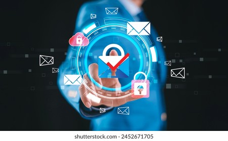 Email secure access concept, cyber security online privacy personal data protection. Virus computer internet security. Businessman touch key electronic mail. Cybersecurity e-marketing, e-mail warning