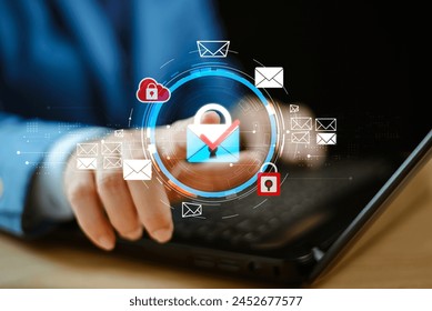 Email secure access, e-mail warning concept, cyber security online privacy personal data protection. Virus computer internet security. Businessman touch key electronic mail. Cybersecurity e-marketing 