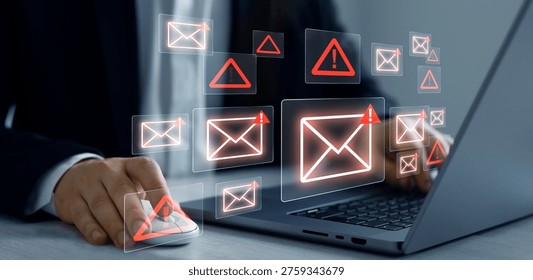 Email security alert detecting and preventing email attacks, scams and phishing. Protection against malware, fraud, and unauthorized access to digital data.