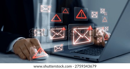 Email security alert detecting and preventing email attacks, scams and phishing. Protection against malware, fraud, and unauthorized access to digital data.