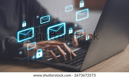 Email security and data protection concept with glowing mail icons and lock symbols, illustrating encrypted communication, cybersecurity, safe messaging, and confidential business information.