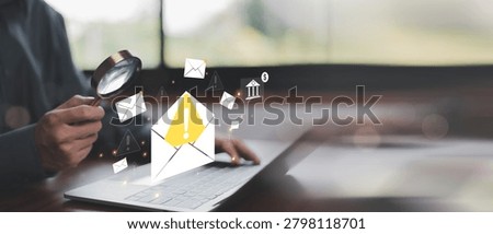 Email security and phishing detection concept with warning alert on digital messages. Cybersecurity monitoring, fraud prevention, threat analysis, data protection, secure communication management.