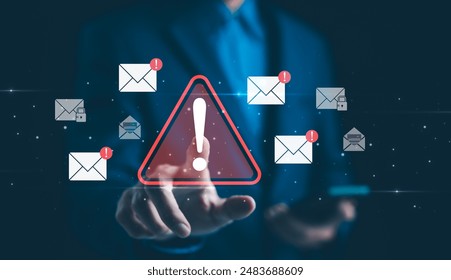 Email Security Warning Notification Concept. A businessman interacting with a digital screen showing email security alerts and warning notifications, cybersecurity threats. spam virus, junk mail, scam