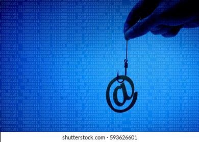 Email sign with a fish hook on blue digital background. Email security and countermeasure concept                               