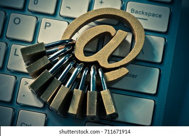 Email Sign With Many Padlocks On Computer Keyboard / Email Encryption Security And Countermeasure Concept